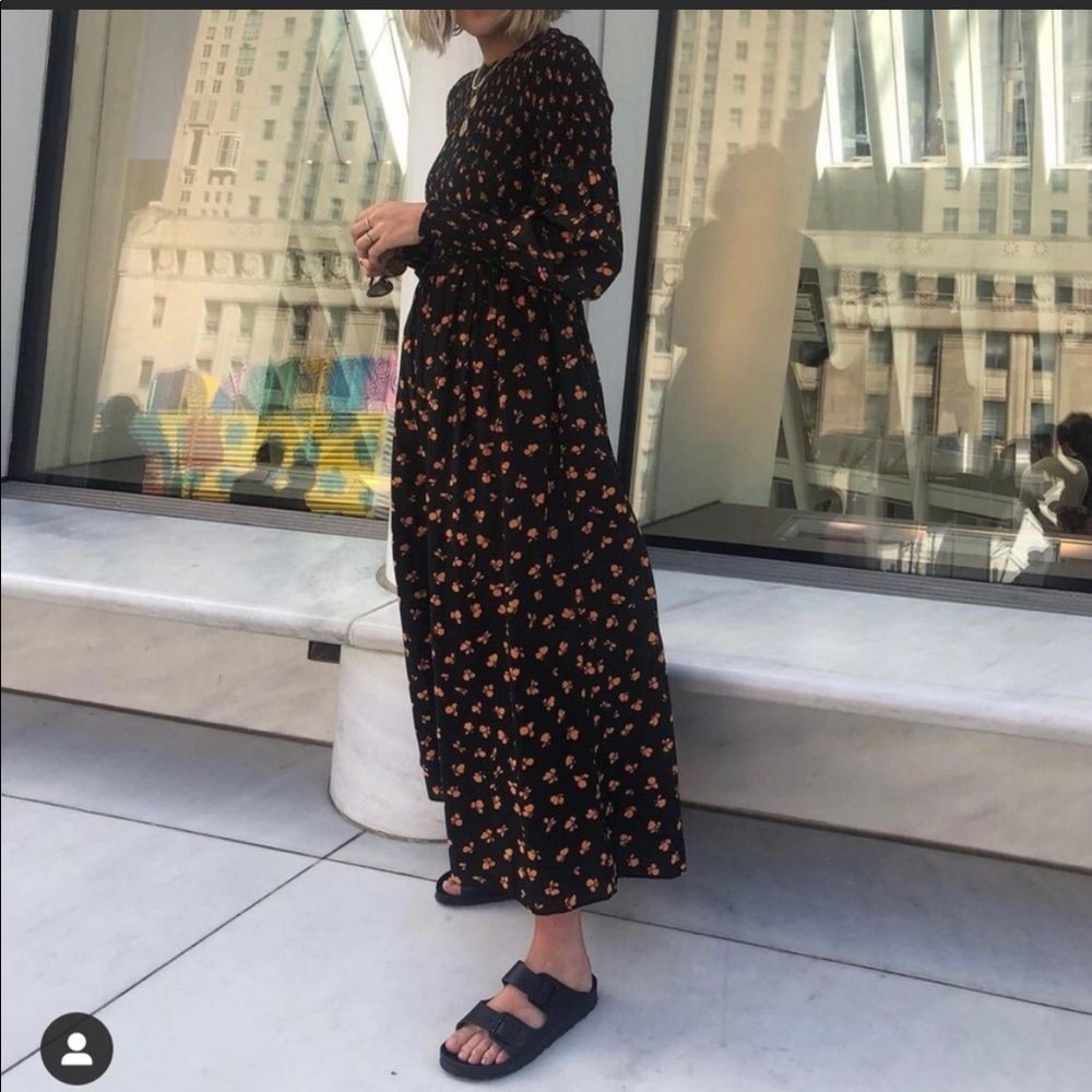 Ganni Black Maxi Dress with Orange Floral Design